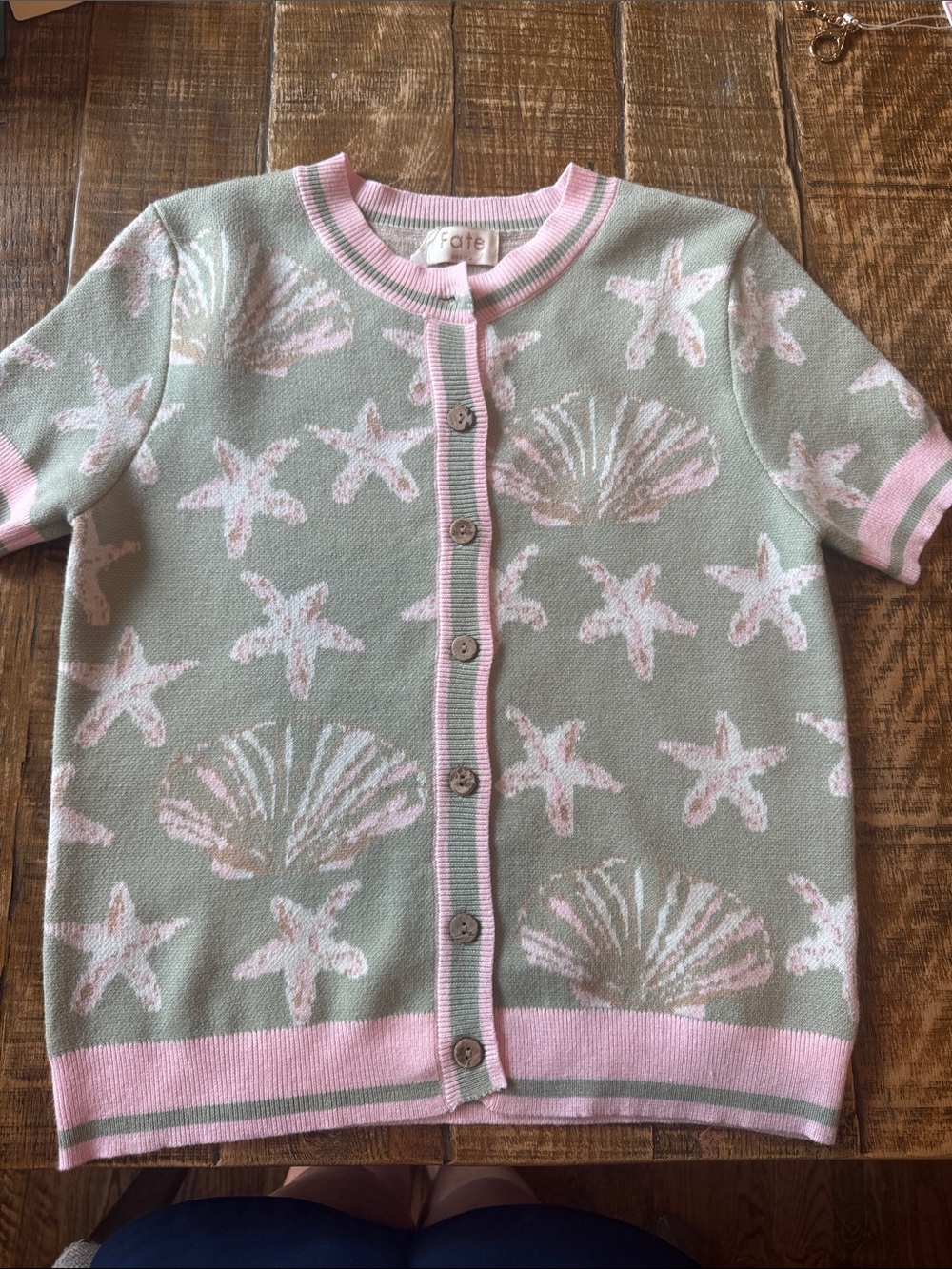 Womens Sea Shell & Starfish Knit Cardigan - Pink & Sage size M NWT